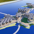 Unique Overwater Hotel Building With Connected Structures Green Landscaping And Distinctive Roofs
