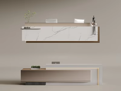 Sleek Modern Reception Desk Design With Marble Countertop Two Chairs And Small Plant 3d model