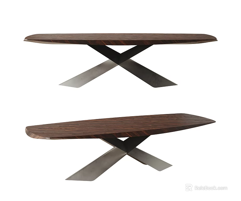 Modern Oval Wooden Dining Table With Sturdy Metal Cross Legs Design 3d model 