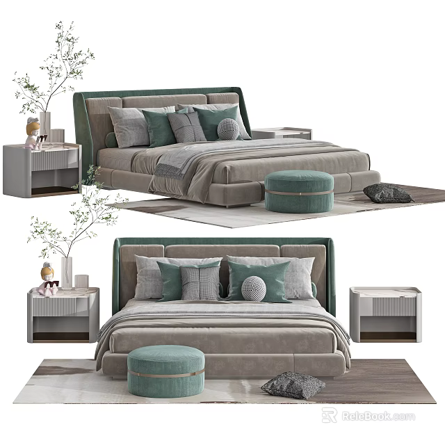 Modern Double Bed with Green Headboard Gray Bedding Side Tables and Ottoman 3d model