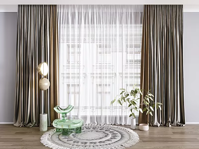 Elegant Brown Curtains with Sheer Panels Green Chair Floor Lamp Potted Plant in Modern Room 3d model
