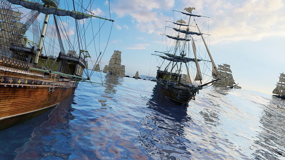Vintage Sailing Ships Sailing on Sparkling Ocean with Rock Formations and Blue Sky 3d model 