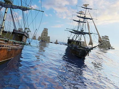 Vintage Sailing Ships Sailing on Sparkling Ocean with Rock Formations and Blue Sky 3d model