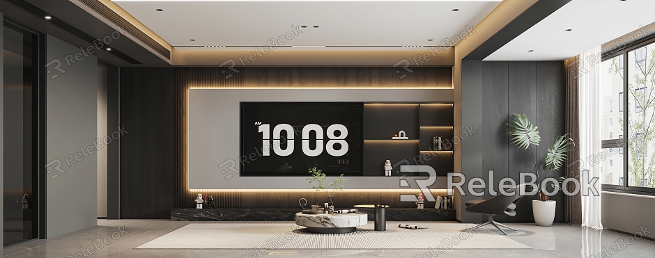 Living room TV background wall black and white gray Italian wine cabinet potted plant ornaments light luxury restaurant F985 model