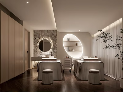 Relaxing SPA Sauna Interior Design With Massage Tables White Curtains And Marble Wall 3d model