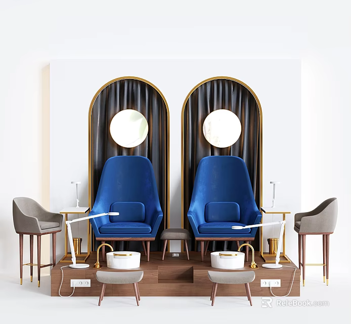 Blue Leisure Chairs In Interior With Arched Gold Framed Windows Round Mirrors Gray Side Chairs 3d model 