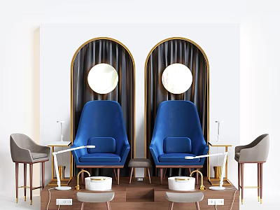 Blue Leisure Chairs In Interior With Arched Gold Framed Windows Round Mirrors Gray Side Chairs 3d model