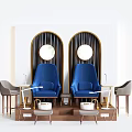 Blue Leisure Chairs In Interior With Arched Gold Framed Windows Round Mirrors Gray Side Chairs