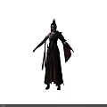 Ancient Female Warrior Character With Mythical Bird Feather Decor Golden Headdress And Red Black Armor