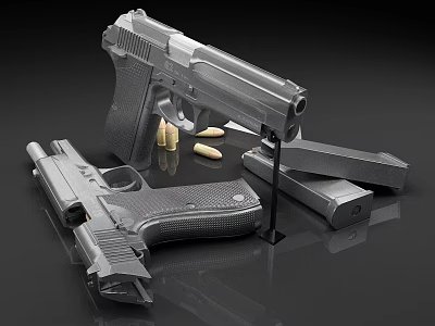 Tactical Handguns Display With Two Firearms Bullets And Magazines On Dark Surface 3d model