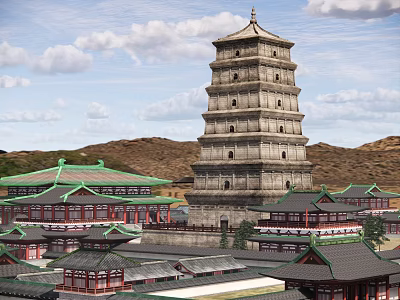 Ancient Architecture With Multi Story Pagoda Traditional Green Roof Surrounding Buildings And Mountain Backdrop 3d model