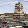 Ancient Architecture With Multi Story Pagoda Traditional Green Roof Surrounding Buildings And Mountain Backdrop