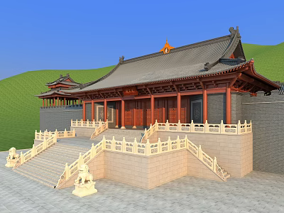 Traditional Chinese Ancient Architecture With Classic Curved Roof Red Pillars Stone Steps And Green Hills 3d model