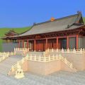 Traditional Chinese Ancient Architecture With Classic Curved Roof Red Pillars Stone Steps And Green Hills