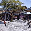 Traditional Commercial Street With Stone Pavement Red Lanterns Trees And Pedestrians