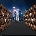 Wooden Barrels With Illuminated Windows Lining Pathway And City Night Skyline