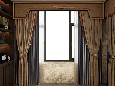 Brown Curtains With Tiebacks By Window And Marble Wall In Interior 3d model