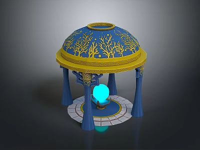 Ornate Pavilion Featuring Blue Dome Golden Decorations Blue Pillars And Glowing Orb On Circular Base 3d model