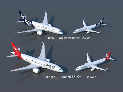 Qantas and Air New Zealand Passenger Planes Including B787 B737 and A321 Models 3d model