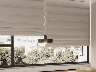 Modern Venetian Blinds Covering Window with Green Trees Outside View and Pendant Light 3d model