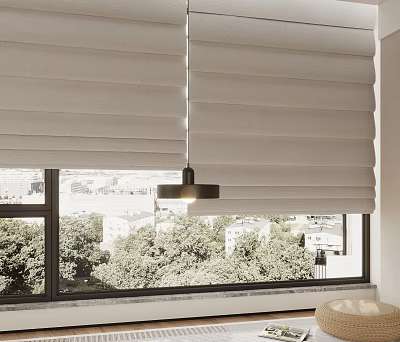 Modern Venetian Blinds Covering Window with Green Trees Outside View and Pendant Light 3d model