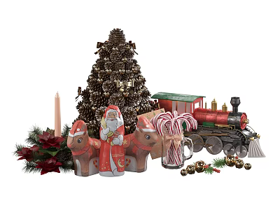 Christmas Themed Decorative Ornament Set With Tree Train Santa Pony And Candy Canes 3d model