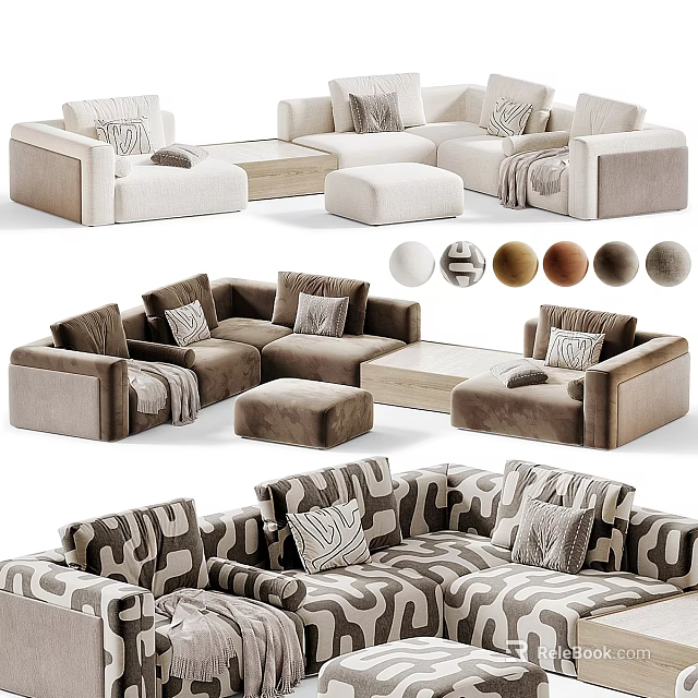 Modern Sectional Sofa Designs With Pillows Ottoman And Various Patterns 3d model 