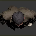 Man in brown shirt white undershirt khaki pants beige shoes against gray black gradient background