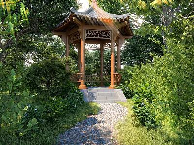 Traditional Chinese Pavilion Surrounded By Lush Green Plants And Stone Path 3d model