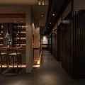 Modern Asian Restaurant Interior With Wine Rack Bar Counter Wooden Tables Chairs And Pendant Lights