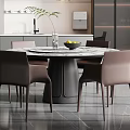 Modern Restaurant Interior With Grey Cabinets Round Dining Table Pink Chairs And Hanging Lamps