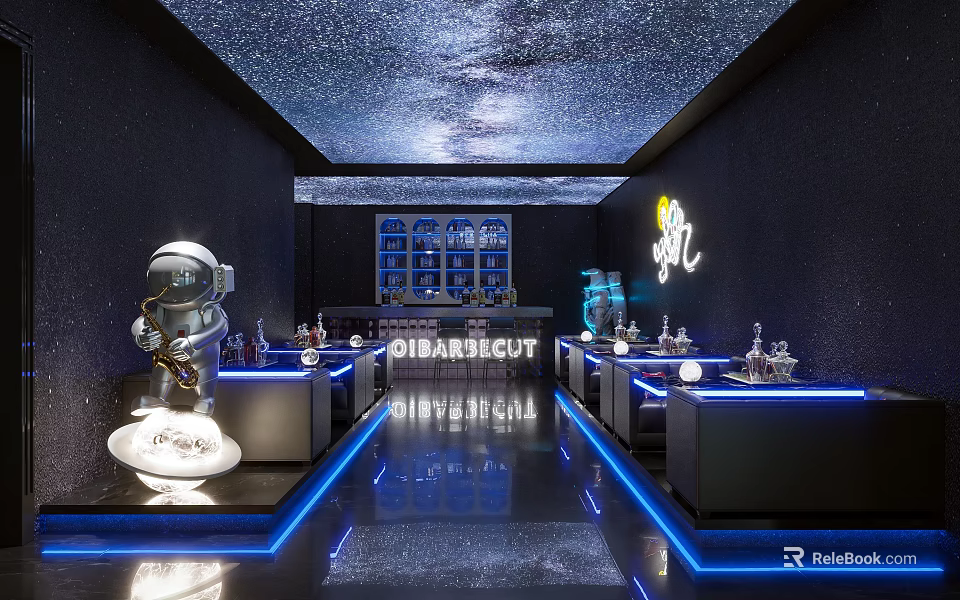 Modern Bar Interior With Starry Sky Ceiling Astronaut Sculpture Blue Lighting And Counter 3d model 