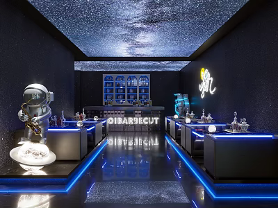Modern Bar Interior With Starry Sky Ceiling Astronaut Sculpture Blue Lighting And Counter 3d model