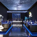 Modern Bar Interior With Starry Sky Ceiling Astronaut Sculpture Blue Lighting And Counter