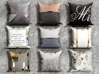 Modern Assorted Decorative Pillows with Geometric Patterns Letter Designs Text Phrases and Gold Accents 3d model
