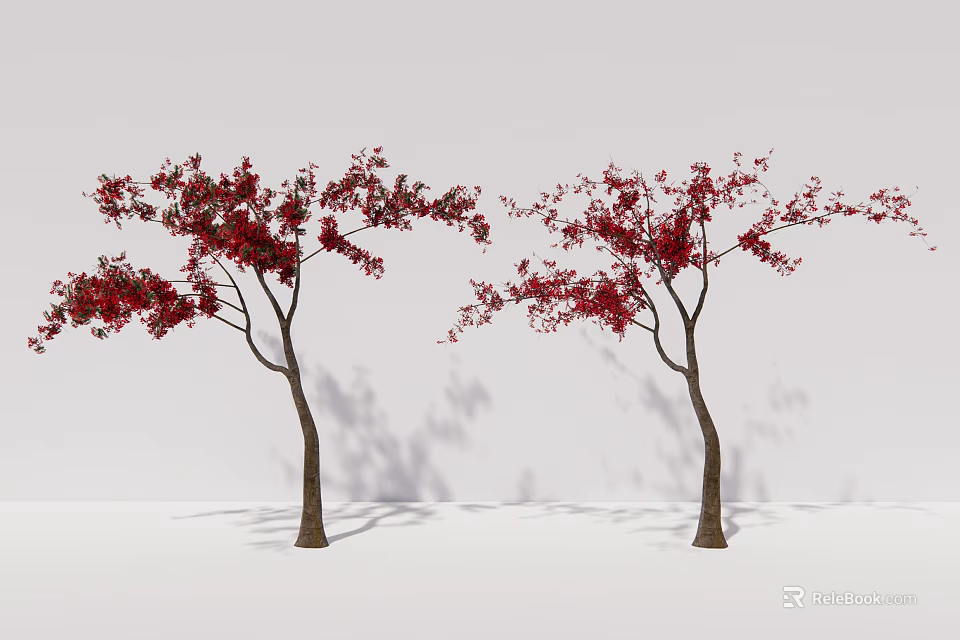 Two Arbor Trees With Red Leaves And Brown Trunks Against White Background And Casting Shadows 3d model