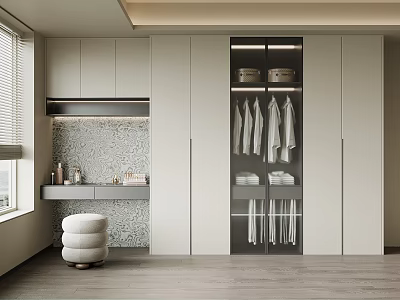 Modern Built in Light Colored Wardrobe Interior Design with Hanging Clothes and Folded Storage 3d model