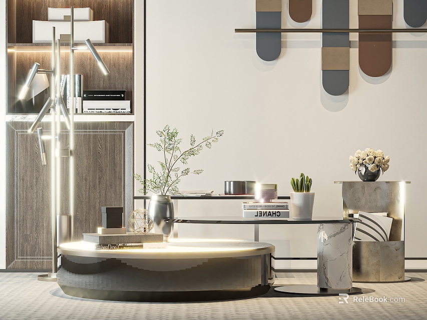 Modern Round Coffee Table With Metal Frame Glass Top Green Plant And Geometric Wall Decorations 3d model 