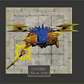 Action Figure With Blue Hair Red Gold Armor Yellow Winged Design Weapon On Marble Base
