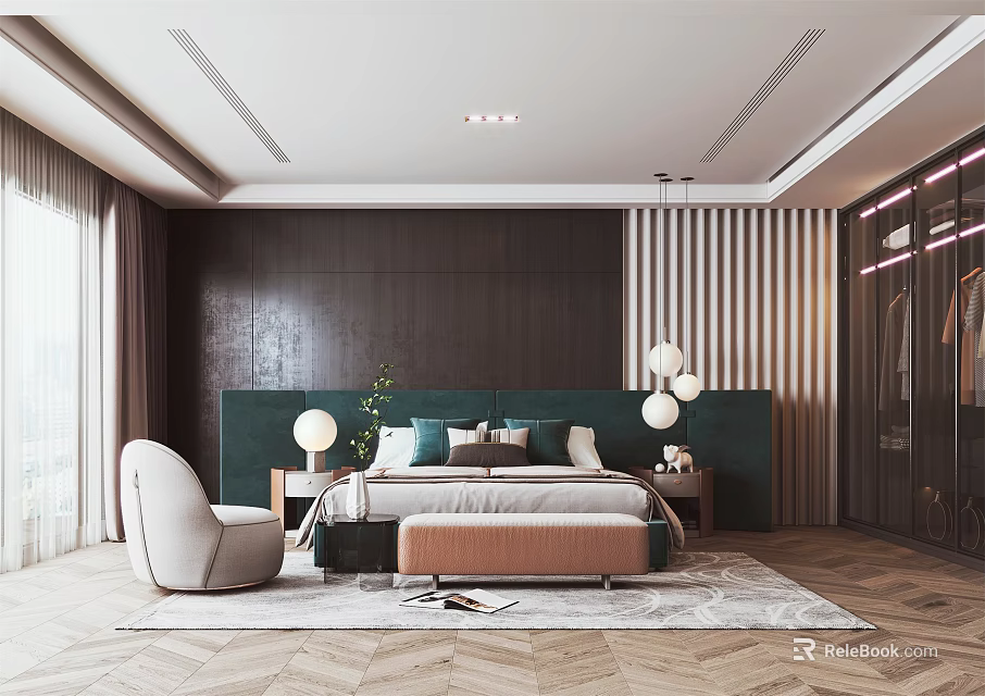 Modern Bedroom Interior With Green Headboard Bedside Tables Accent Chair And Herringbone Floor 3d model 