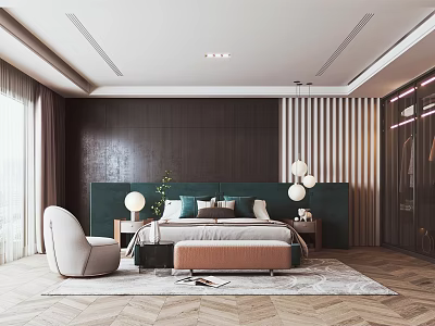 Modern Bedroom Interior With Green Headboard Bedside Tables Accent Chair And Herringbone Floor 3d model