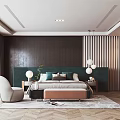 Modern Bedroom Interior With Green Headboard Bedside Tables Accent Chair And Herringbone Floor