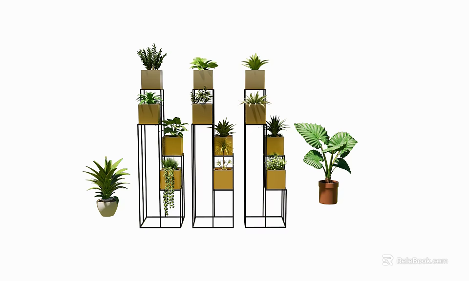 Indoor Plants In Multi Tiered Metal Stands With Decorative Planters And Various Greenery 3d model 