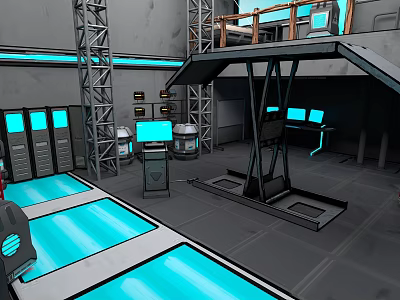 Cartoon Sci Fi Tech Scene With Metal Structures Blue Screens And Glowing Platforms 3d model