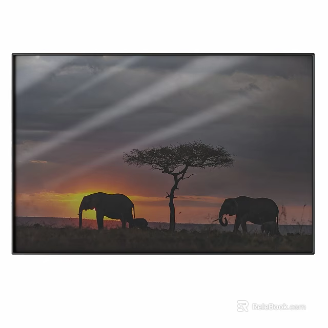 Silhouette of Elephants Near Acacia Tree at Sunset in Savanna Sky 3d model 