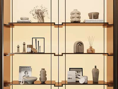 Minimalist Decorative Ornament Combination on Modern Shelves with Vases Sculptures Photo Frames and Books 3d model