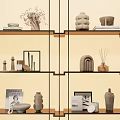Minimalist Decorative Ornament Combination on Modern Shelves with Vases Sculptures Photo Frames and Books