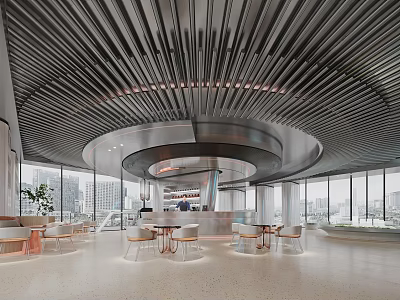 Modern Luxury Sales Office Interior With Streamlined Metal Ceiling And Large Panoramic City View 3d model