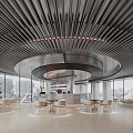 Modern Luxury Sales Office Interior With Streamlined Metal Ceiling And Large Panoramic City View