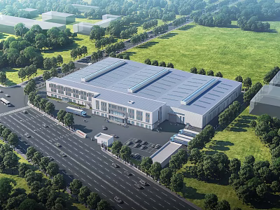Large Industrial Factory Building With Green Trees Lawns Roads And Parking Areas 3d model